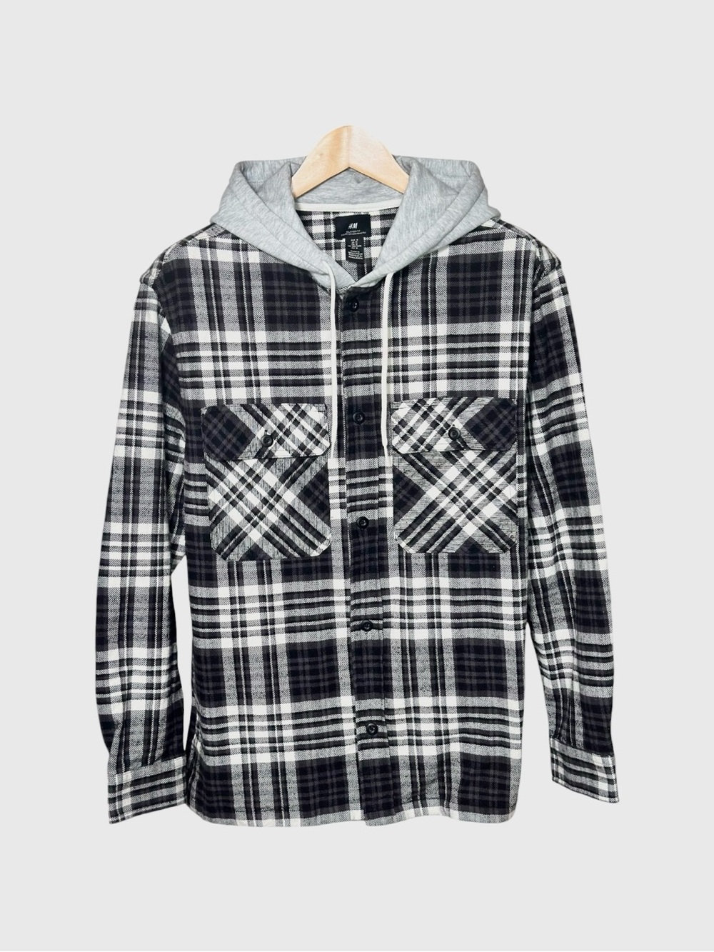 H&M Men’s Black & White Plaid Hooded Flannel Shirt - Relaxed Fit M